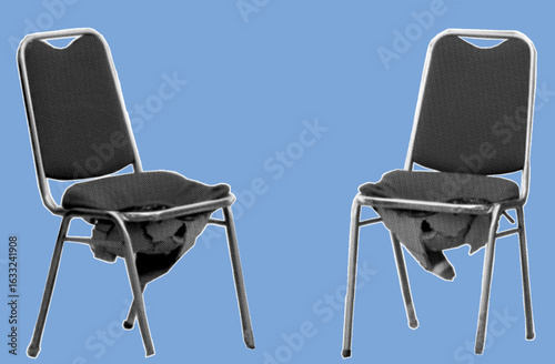 close up of broken chair pixelate grayscale color halftone dotted texture style collage element isolated on blue background