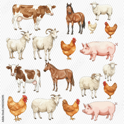 A collection of illustrated domestic farm animals including cows, horses, pigs, sheep, goats, and chickens.