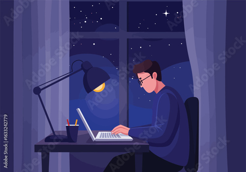 Dedicated young man with glasses working on his laptop late into the night. Concept of a focused student or freelancer studying online.