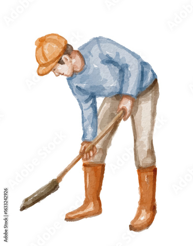 Hand painted watercolor construction worker with a shovel isolated