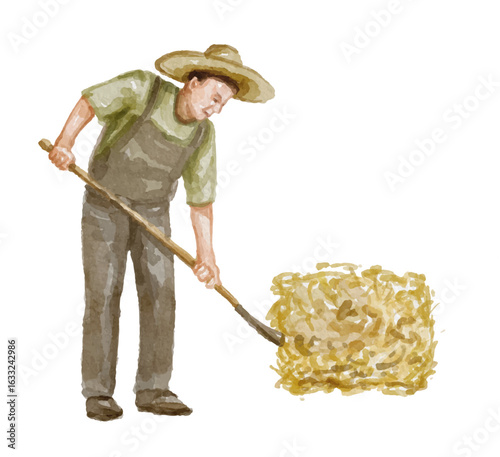 Watercolor farmer with hay bale isolated 