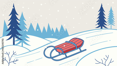 Winter sledding scene vector illustration with snow covered hills and pine trees for christmas holiday season