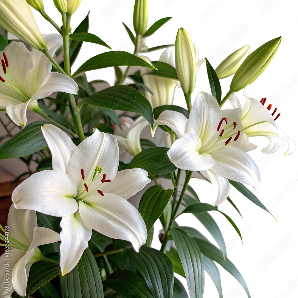 Fototapeta premium Beautiful white lilies bloom gracefully, showcasing their delicate petals and vibrant green leaves, creating serene floral arrangement