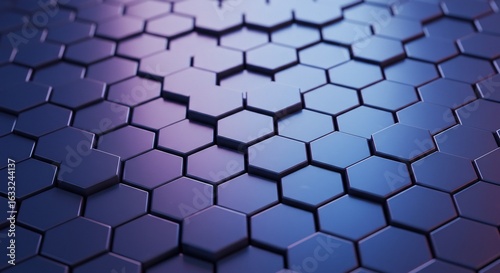 Abstract 3D render of a futuristic hexagonal surface with shifting tiles. The dark, modern grid is illuminated by cool blue and purple light, creating a tech-inspired background.