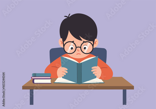 Vector cartoon of a worried young boy with glasses feeling confused and stressed while studying and reading a book at his desk.