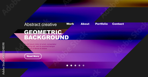 Abstract website mockup. Geometric shapes, vibrant colors, dark background. Navigation menu present, text block visible. Modern design.