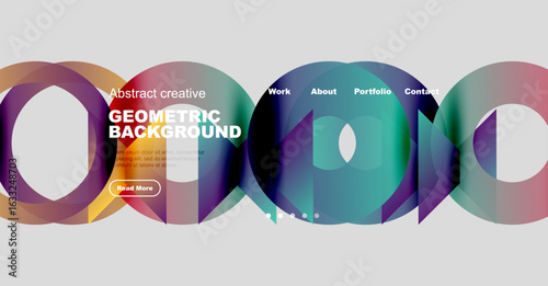 Colorful abstract design. Geometric shapes overlap, creating vibrant visual effect. Website header with navigation options present.