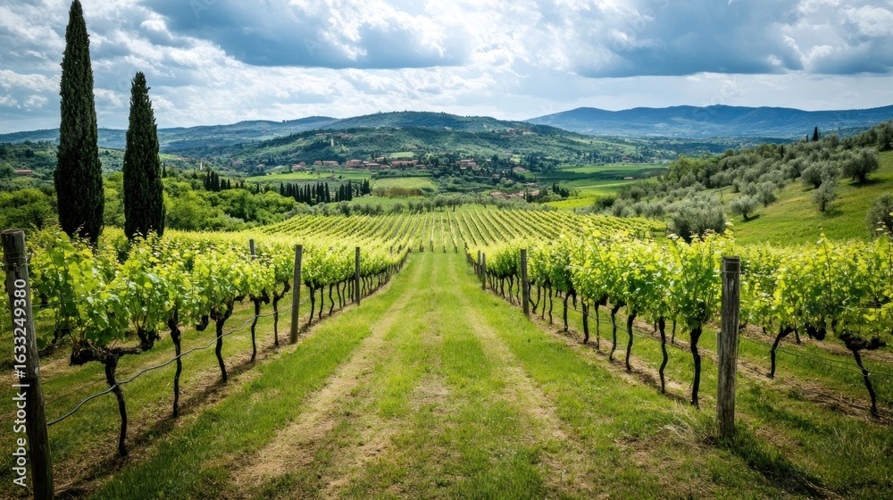 Fototapeta premium Vineyard landscape under a cloudy sky