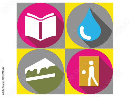 Open book water drop cake exit sign icons set of