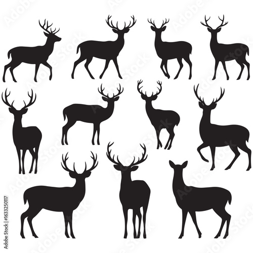 A black vector silhouette set of deer with antlers, perfect for a wildlife or Christmas illustration