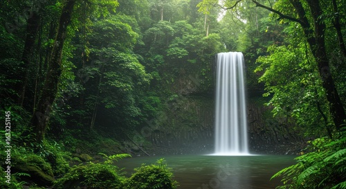Majestic waterfall cascading into a serene pool surrounded by lush tropical rainforest