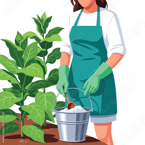 Woman Gardening Applying Fertilizer to Green Plant with Wooden Spoon