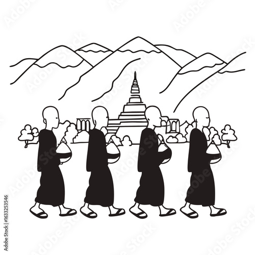 Four buddhist monks in silhouette walking past a temple with mountains in the background