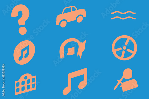 Question mark musical notes car steering wheel building waves person singing set of icons