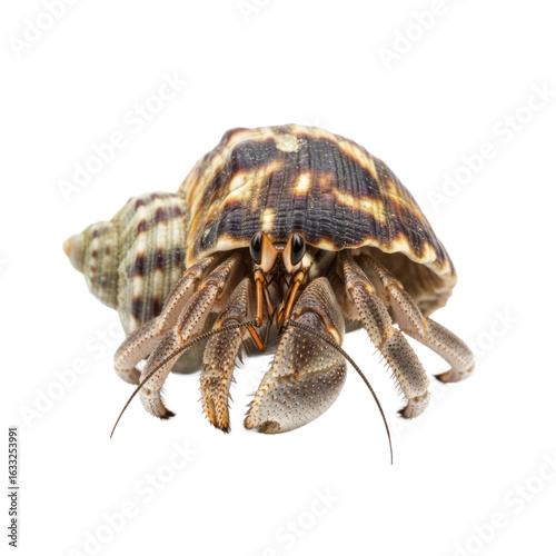 A close-up of a hermit crab with a patterned shell isolated on a white background.