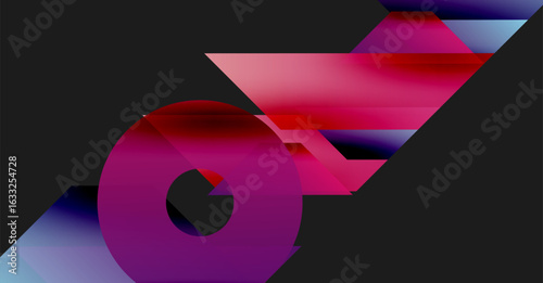 Abstract geometric composition. Gradient shapes overlap, creating dynamic visual effect. Dark background emphasizes vibrant colors.