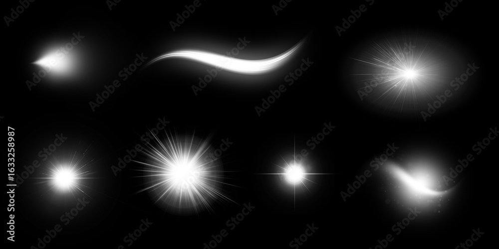Obraz premium Abstract light effects in various shapes and styles on a black background.