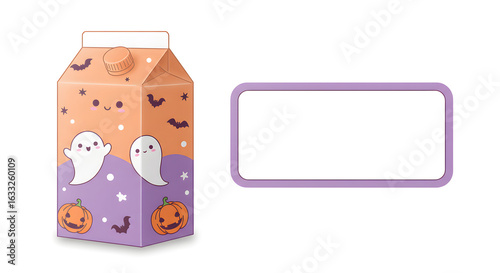Cartoon Halloween-themed milk carton with cute ghosts, pumpkins, and a blank label.