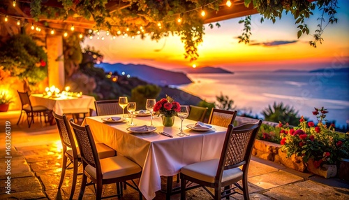 Wallpaper Mural A cozy outdoor cafe table set for dinner with a bouquet of flowers, overlooking a Mediterranean seaside sunset. Torontodigital.ca