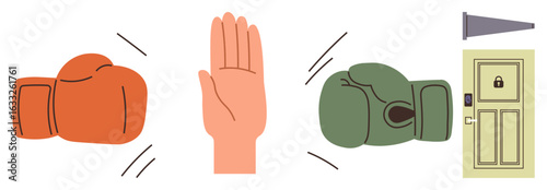 Red boxing glove, raised hand stopping green glove, locked door with keypad. Ideal for security, boundaries, negotiation, protection, conflict prevention, safety simple flat metaphor