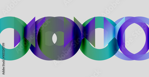Abstract design features overlapping circles. Colors shift from teal to purple, creating dynamic visual effect. Minimalist composition, modern aesthetic.