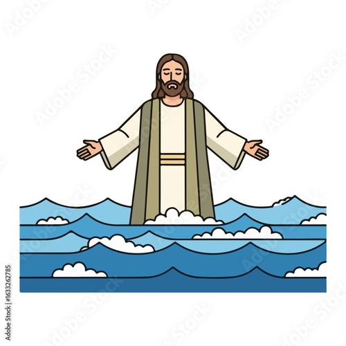 Lord Jesus walks on the sea. Lord Jesus cartoon. Vector flat design color with line art, white background. AI generated images.
