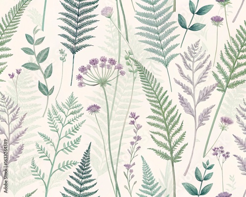 A Delicate Botanical Illustration of Lush Green Ferns and Wildflowers in a Soft Pastel Color Palette Evoking a Serene Meadow Atmosphere