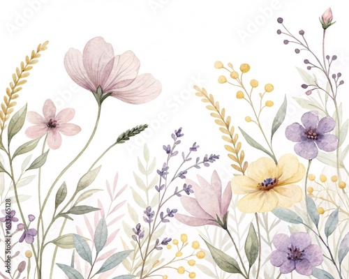 Beautiful Watercolor Meadow Blooms Featuring Delicate Petals in Soft Pastels and Lush Greenery