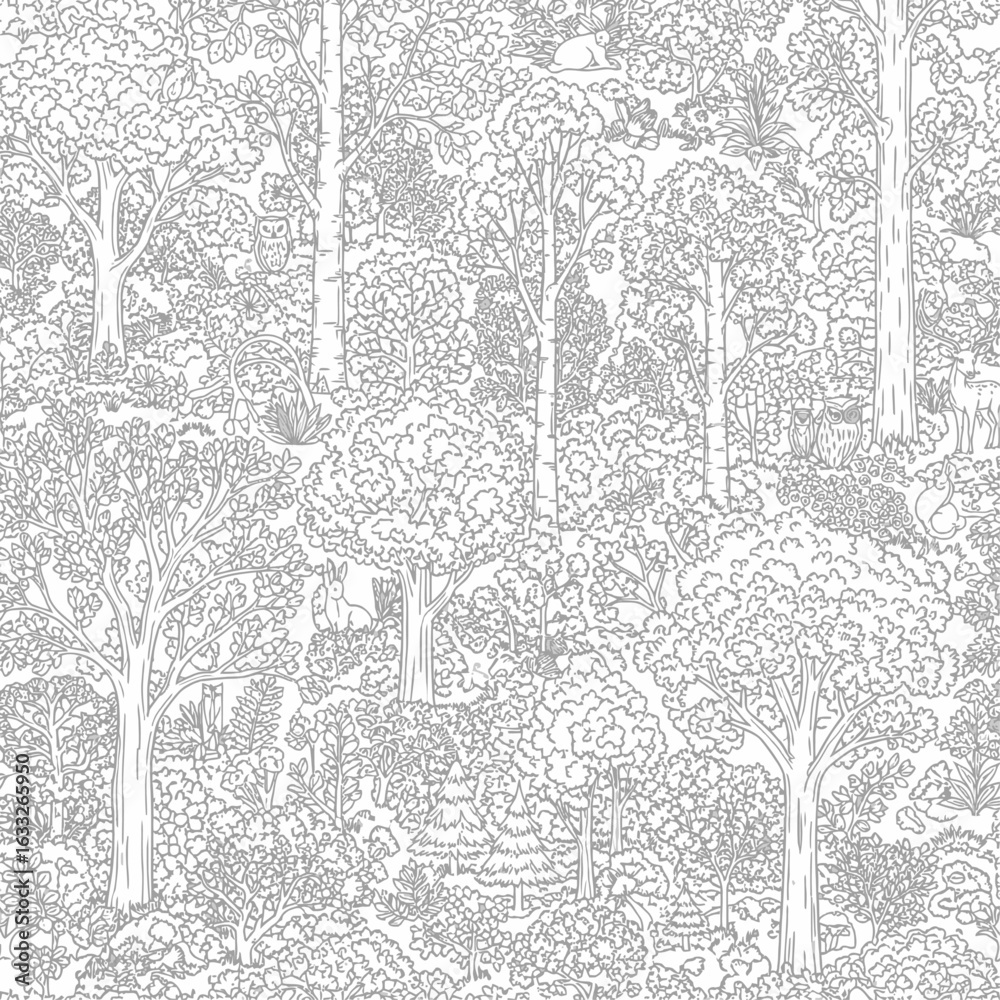 Fototapeta premium Intricate line drawing of a dense forest with various trees, plants, and hidden animals, creating a complex and detailed nature scene.