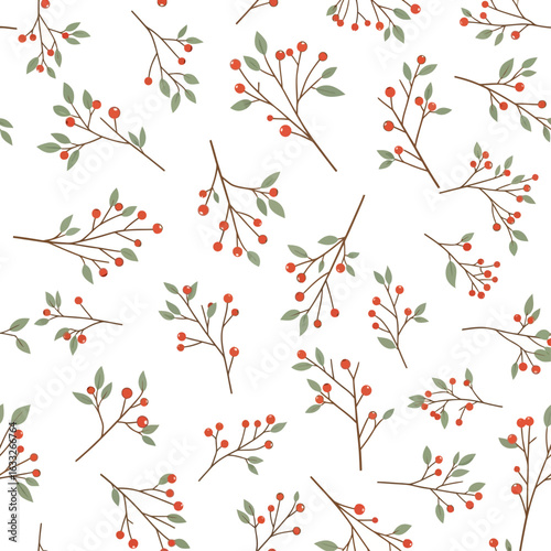 Seamless pattern of scattered botanical branches with green leaves and red berries.