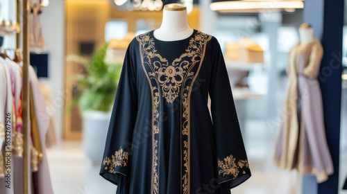 Elegant black abaya with golden embroidery in fashion store