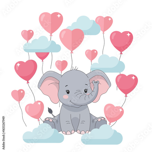 Adorable baby elephant sits surrounded by pink heart-shaped balloons and fluffy clouds, creating a whimsical and joyful scene.
