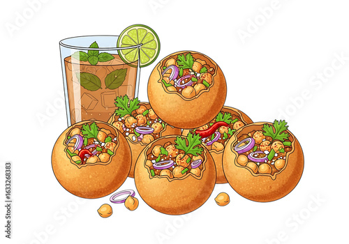 Delicious indian street food pani puri and drink isolated on transparent background