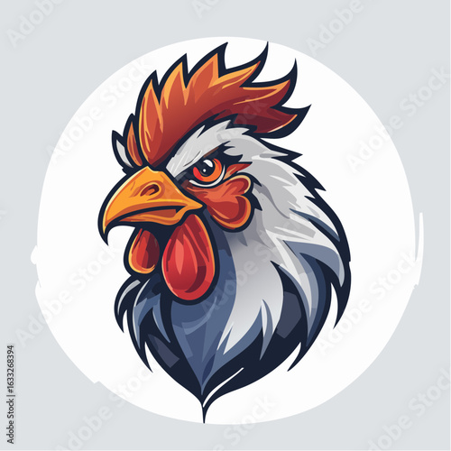 A bold illustration of a rooster's head with an intense and aggressive expression, ideal for a brand logo, sports team mascot, or emblem for a company associated with strength, power, and competition.