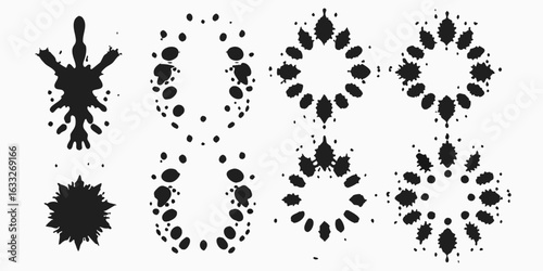 Eight black ink blot shapes arranged symmetrically on a white background in two rows of four shapes | editable eps vectors silhouette
