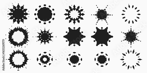 Collection of fifteen stylized black and white floral starburst designs arranged on a white background | editable eps vectors silhouette