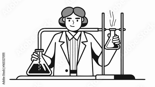 Illustration of a scientist in a lab coat conducting an experiment with beakers and lab equipment present | editable eps vectors silhouette