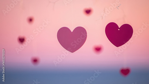 Soft pink and purple hearts floating against a blurred gradient background, symbolizing love and affection