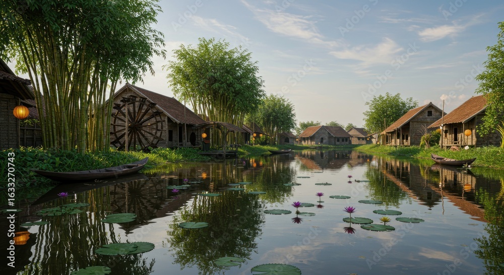 Obraz premium Serene riverside village featuring traditional architecture, water lilies, and lush greenery