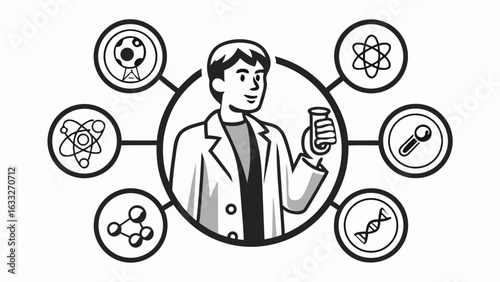 Illustration of a scientist holding a test tube surrounded by science related icons in black and white | editable eps vectors silhouette