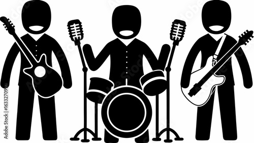 Band performing on stage with guitar drummer and singer in black and white vector illustration design | editable eps vectors silhouette