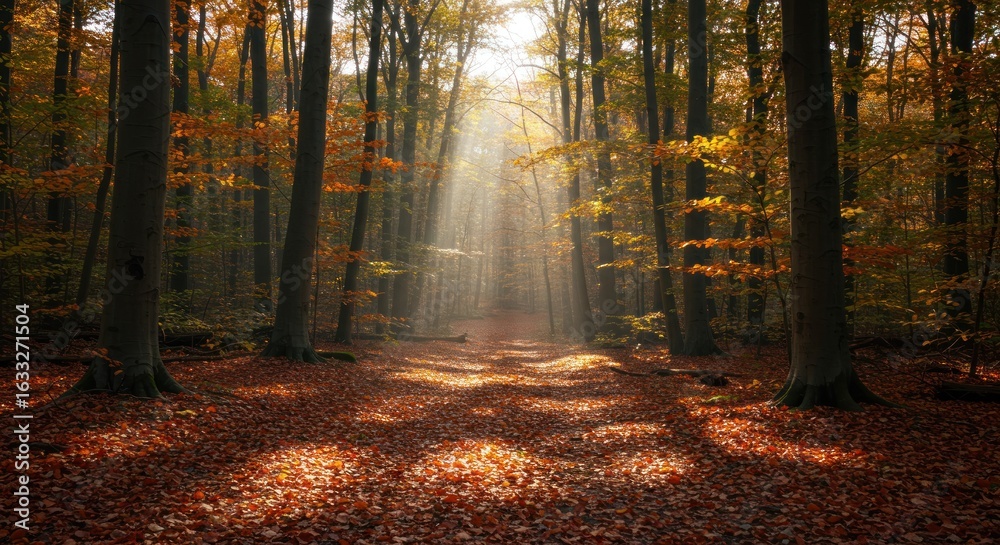 Obraz premium Sunlight filtering through the autumn woodland illuminates a leaf-strewn path
