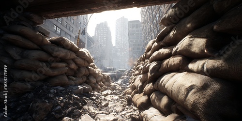 Urban Warfare Scene with Sandbag Fortifications