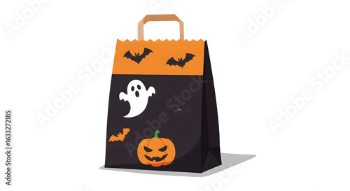 A Halloween-themed paper bag decorated with bats, a ghost, and a pumpkin.