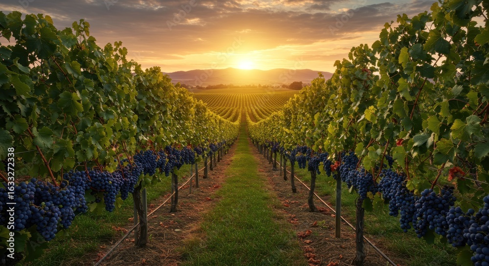Fototapeta premium Vineyard bathed in golden light: Rows of grapevines under a picturesque sunset panorama