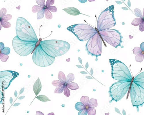 Wallpaper Mural Beautiful Watercolor Butterflies and Delicate Purple Flowers Adorn a Whimsical Pattern Design Torontodigital.ca