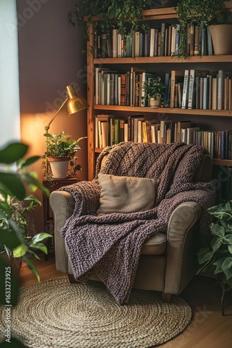 Cozy reading nook with bookshelves and plants