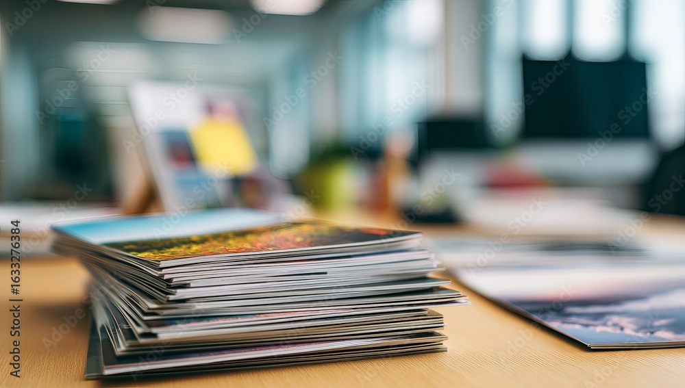 Stack of printed photos on a light wooden table in an office setting. Soft focus Stack of printed photos on a light wooden table in an office setting. Soft focus