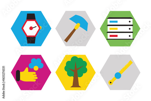 Colorful set of icons depicting objects and nature watch pickaxe
