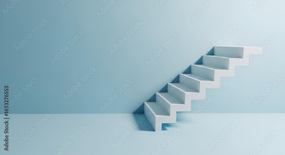 Fototapeta premium Minimalist white staircase against a soft blue background